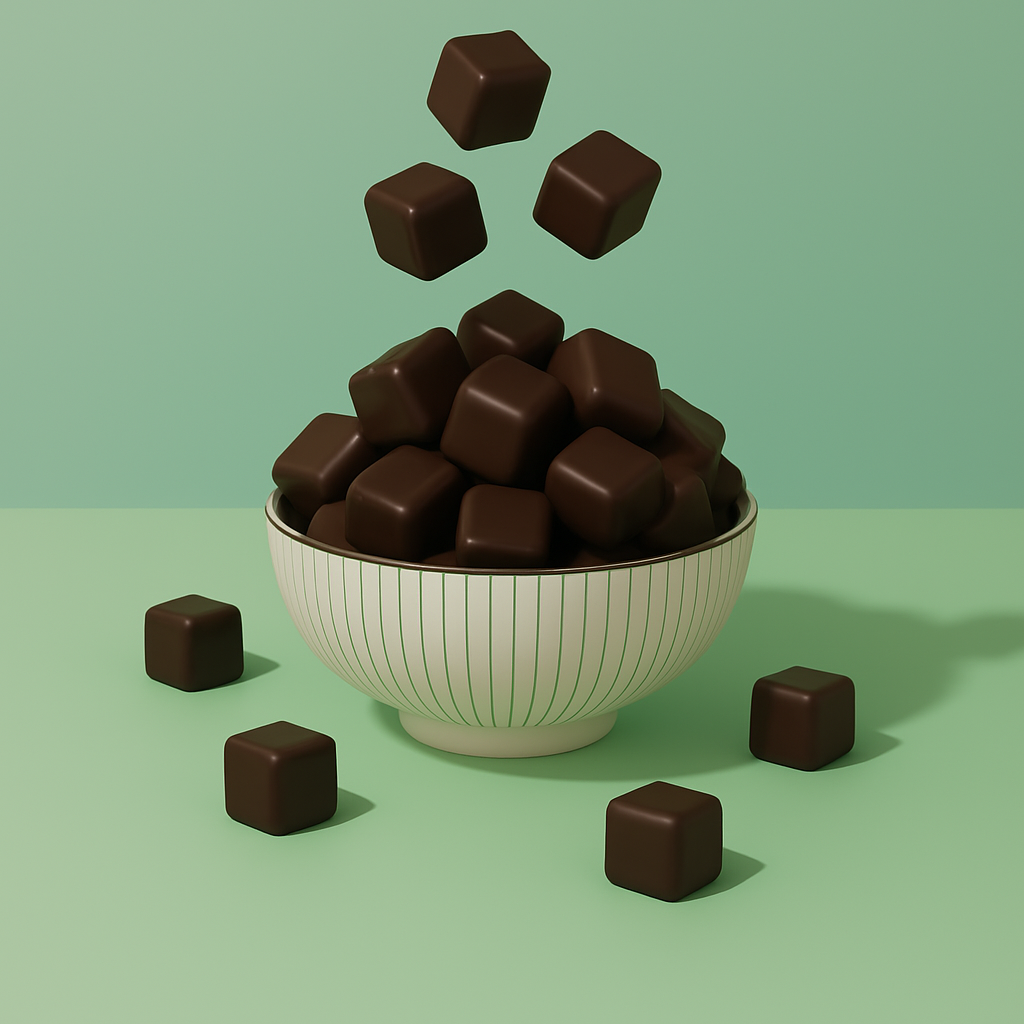 Elegant ceramic bowl overflowing with dark chocolate-covered marshmallows, with extra pieces falling into the bowl and scattered on a mint green surface—perfect for showcasing Get Fresh Chocolates' rich fundraising treats.