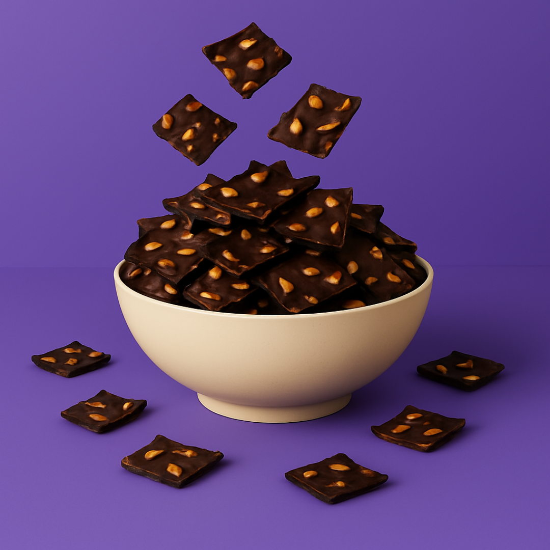 Overflowing cream-colored bowl of bite-size GetFresh Dark Chocolate Almond Bark squares, mid-air pieces in motion, pastel purple backdrop adds freshness and movement.