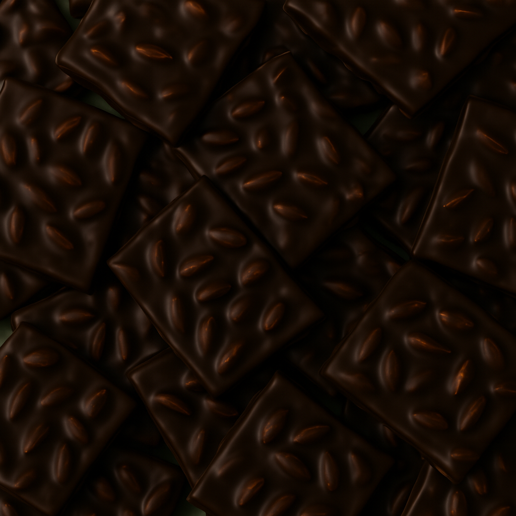 Macro flat lay of richly coated GetFresh Dark Chocolate Almond Bark squares with embedded whole almonds—dark, glossy finish emphasizes luxury snack aesthetic.