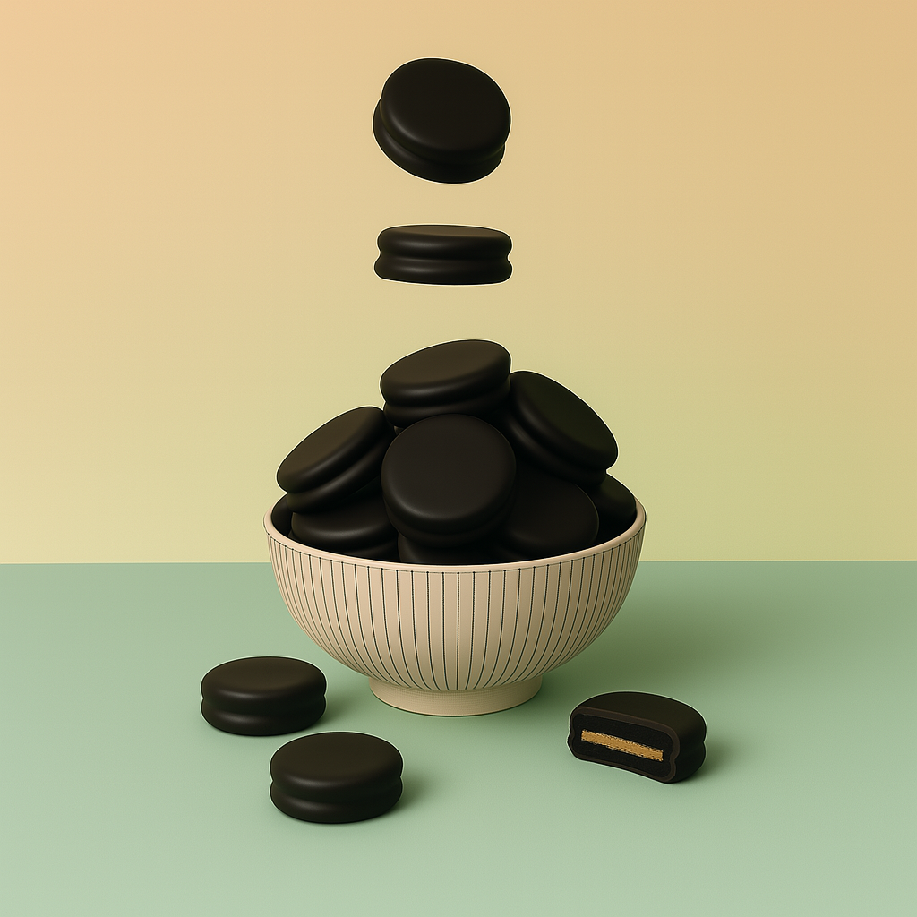 Ceramic bowl filled with dark chocolate-covered Oreos, with cookies floating above and scattered around, including one cut to show the creamy center—capturing the bold elegance and handcrafted quality of Get Fresh Chocolates.