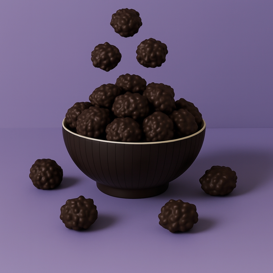 Ceramic bowl overflowing with dark chocolate potato stick clusters from GetFresh, with clusters artistically suspended mid-air against a lavender backdrop.