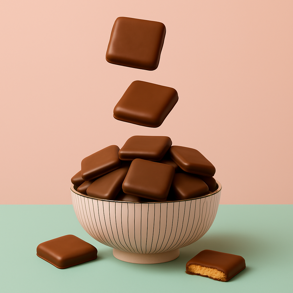Striped ceramic bowl filled with milk chocolate-covered graham crackers, with pieces floating above and scattered below, including one with a bite revealing the golden cracker center—showcasing Get Fresh Chocolates’ rich texture and handcrafted appeal.