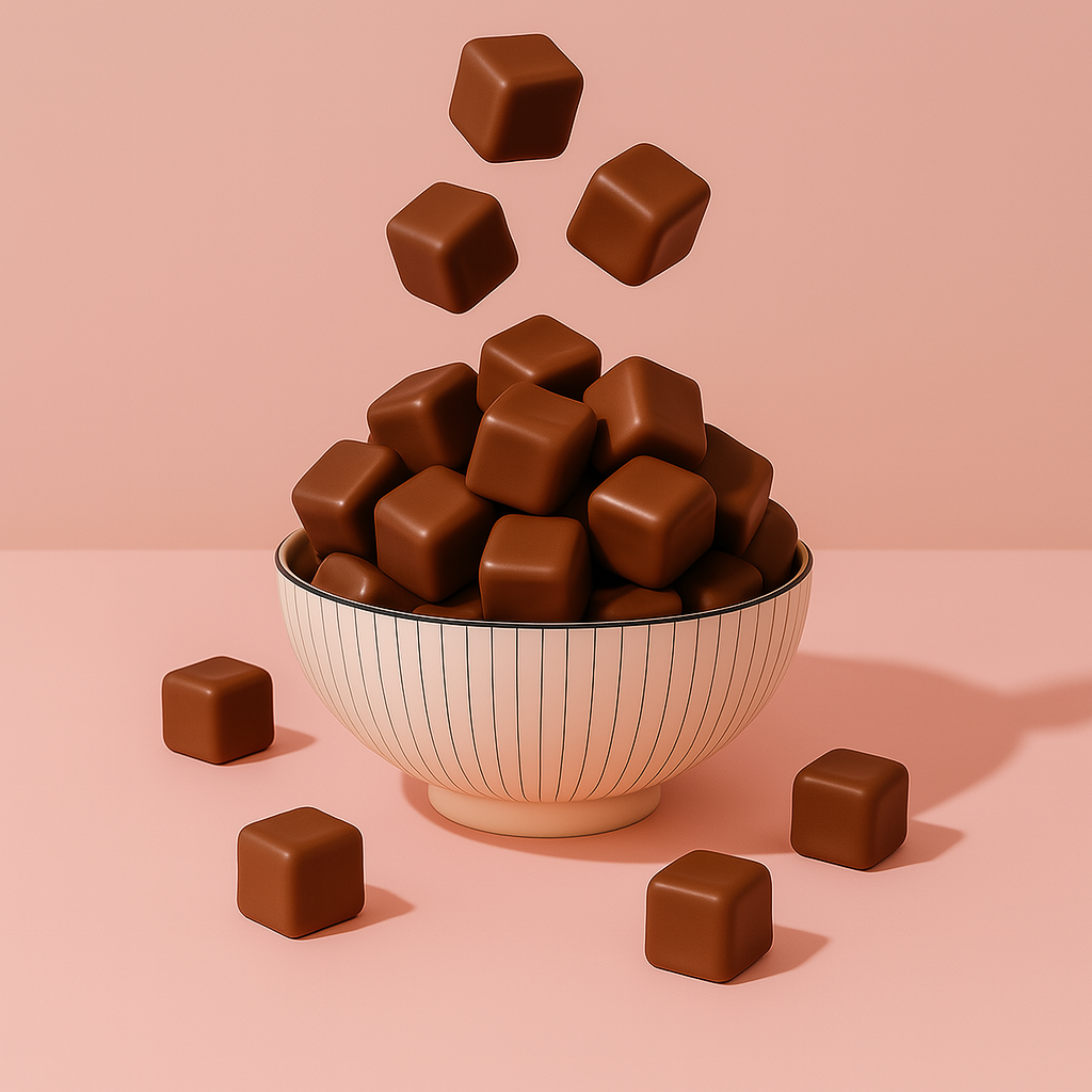 Overflowing ceramic bowl of milk chocolate-covered marshmallows with several pieces artfully falling into the bowl and scattered around, styled on a soft pink background for Get Fresh Chocolates fundraising and sweet treat campaigns.