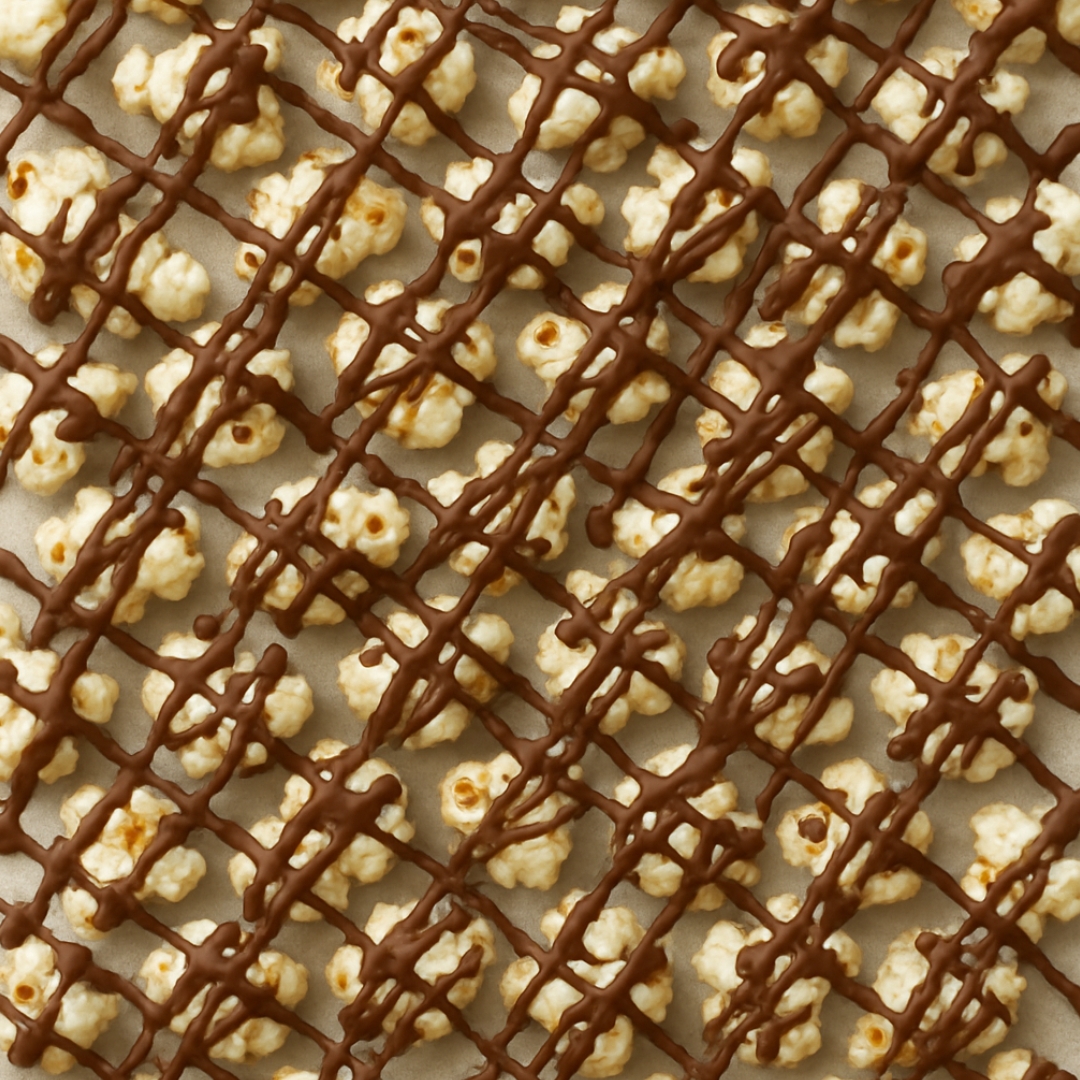 A close-up view of fluffy popcorn scattered across a surface and generously drizzled with smooth milk chocolate in a crisscross pattern. The chocolate lines create a rich texture contrast against the golden kernels, showcasing the sweet-and-salty snack in mouthwatering detail.