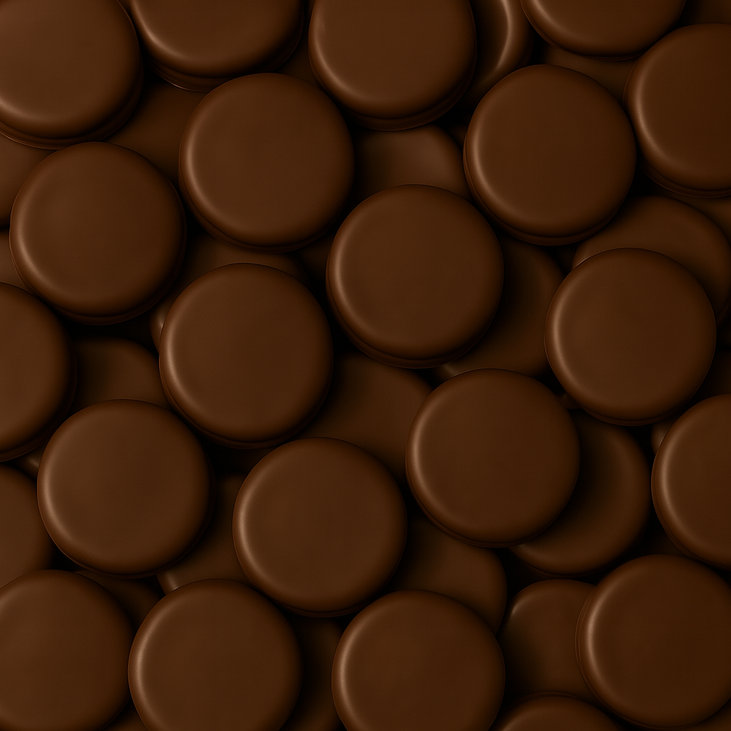 Flat lay of dozens of smooth, glossy milk chocolate-covered Oreos stacked in a rich, uniform pattern—showcasing Get Fresh Chocolates’ handcrafted treats for fundraisers and sweet gifting.