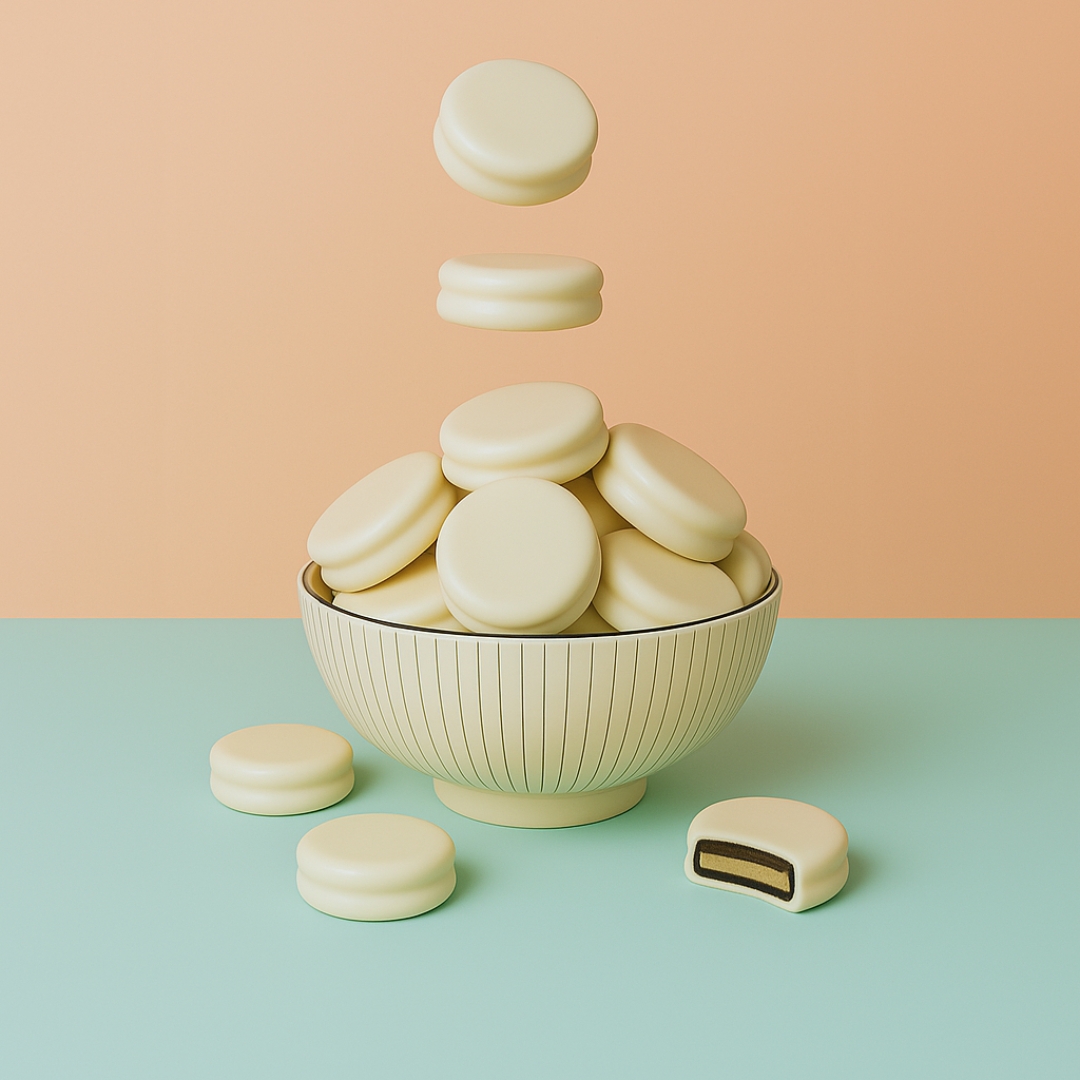 Striped ceramic bowl filled with white chocolate-covered Oreos, with cookies playfully floating above and scattered below, including one showing the dark cookie center—capturing the creamy contrast and charm of Get Fresh Chocolates’ signature treats.